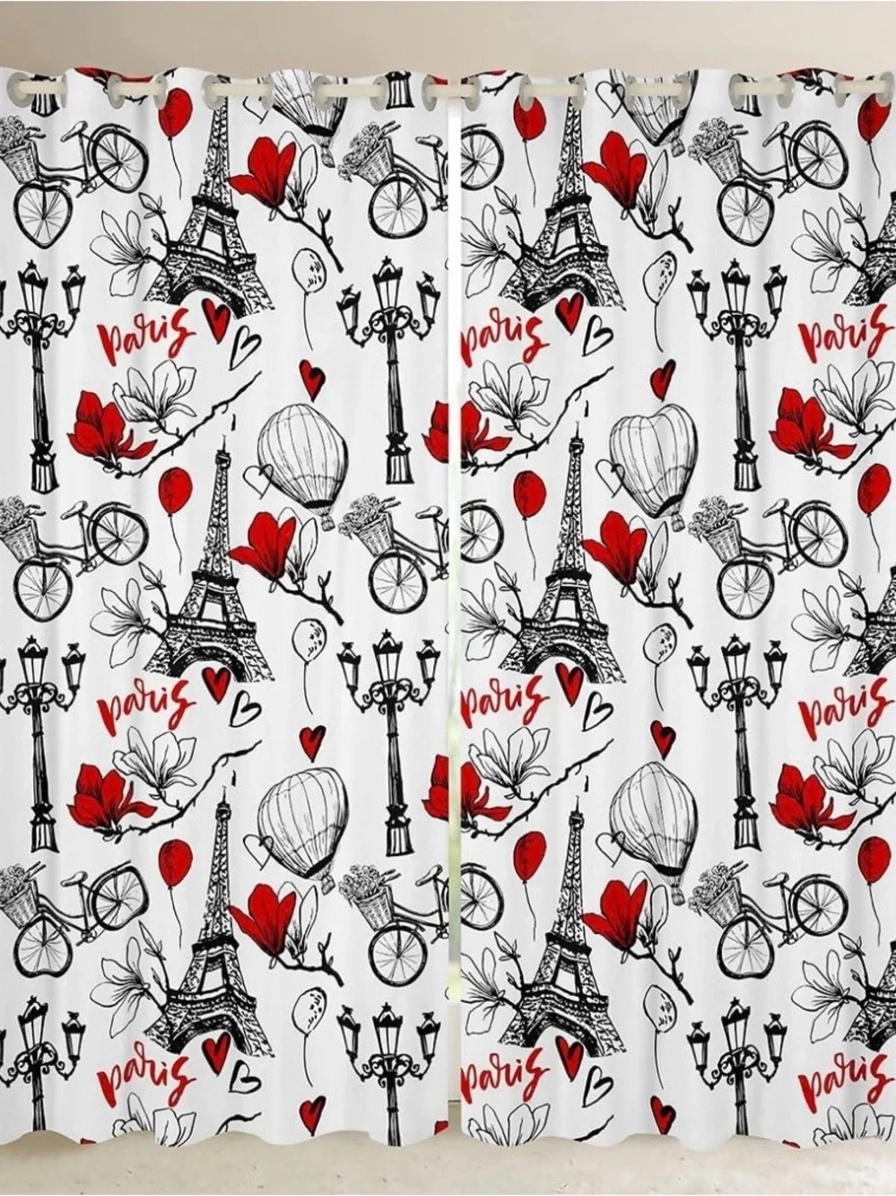 Paris Sketch Red & Black Printed Window Curtains 2 panels